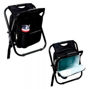 Lonchera tipo backpack con compartimento principal, doble cierre, bolsa frontal con cierre, bolsa trasera y compartimento para bebidas. Cuenta con tirantes con correas ajustables y tubos metálicos para convertirla en silla plegable.